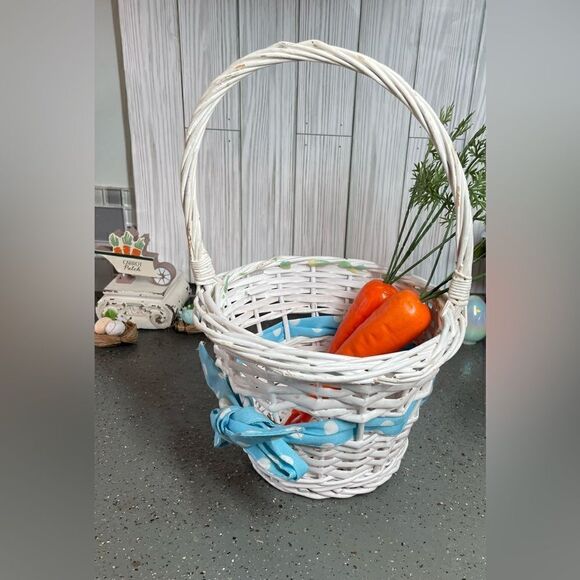 8” Basket White Round Intertwined Polka Dot Blue Ribbon & Bow EPC - Picture 4 of 12